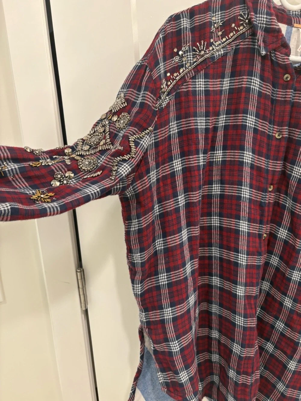 Free People Downtown Romance Red Blue Oversized Embellished Plaid Shirt Size L